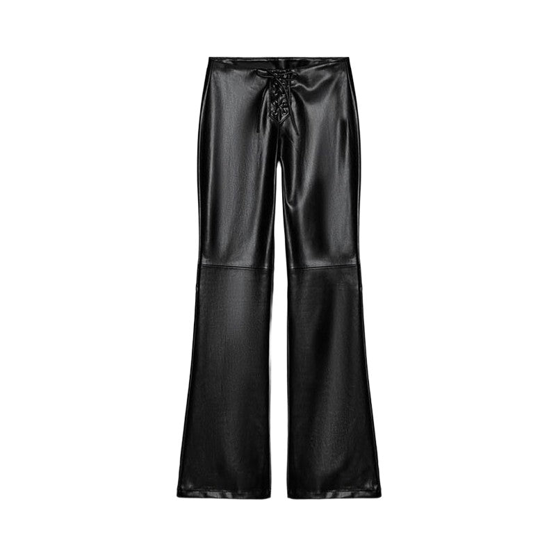 2026 New Solid Black Leather Long Pants For Women Y2K Casual Tie Up Drawstring Flared Trousers Female Chic Street Bell-bottoms