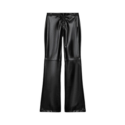 2026 New Solid Black Leather Long Pants For Women Y2K Casual Tie Up Drawstring Flared Trousers Female Chic Street Bell-bottoms