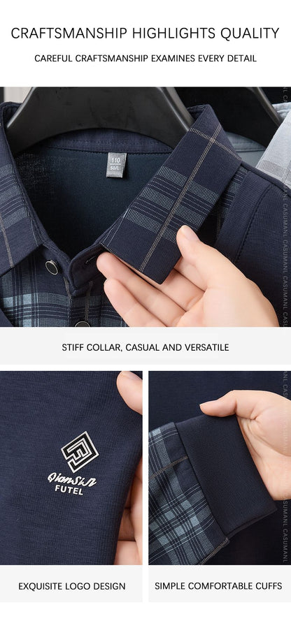 TFETTERS Business Men Polo Shirt 2025 Fashion Casual Slim Long Sleeve T Shirt Men Pullover Printed Plaid Shirts for Man Clothing