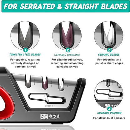 Four in one kitchen sharpener restores serrated blade knives and scissors, diamond tungsten steel ceramics