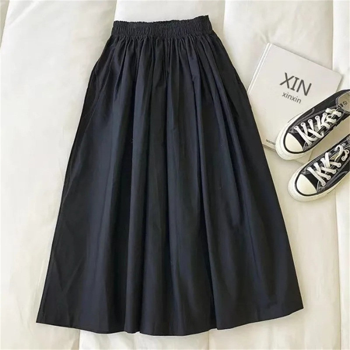 Women Solid Long Skirt Fashion Pockets Pleated Knee Length Skirts Autumn 2025 New Casual Elegant High Waist A Line Femme Skirts