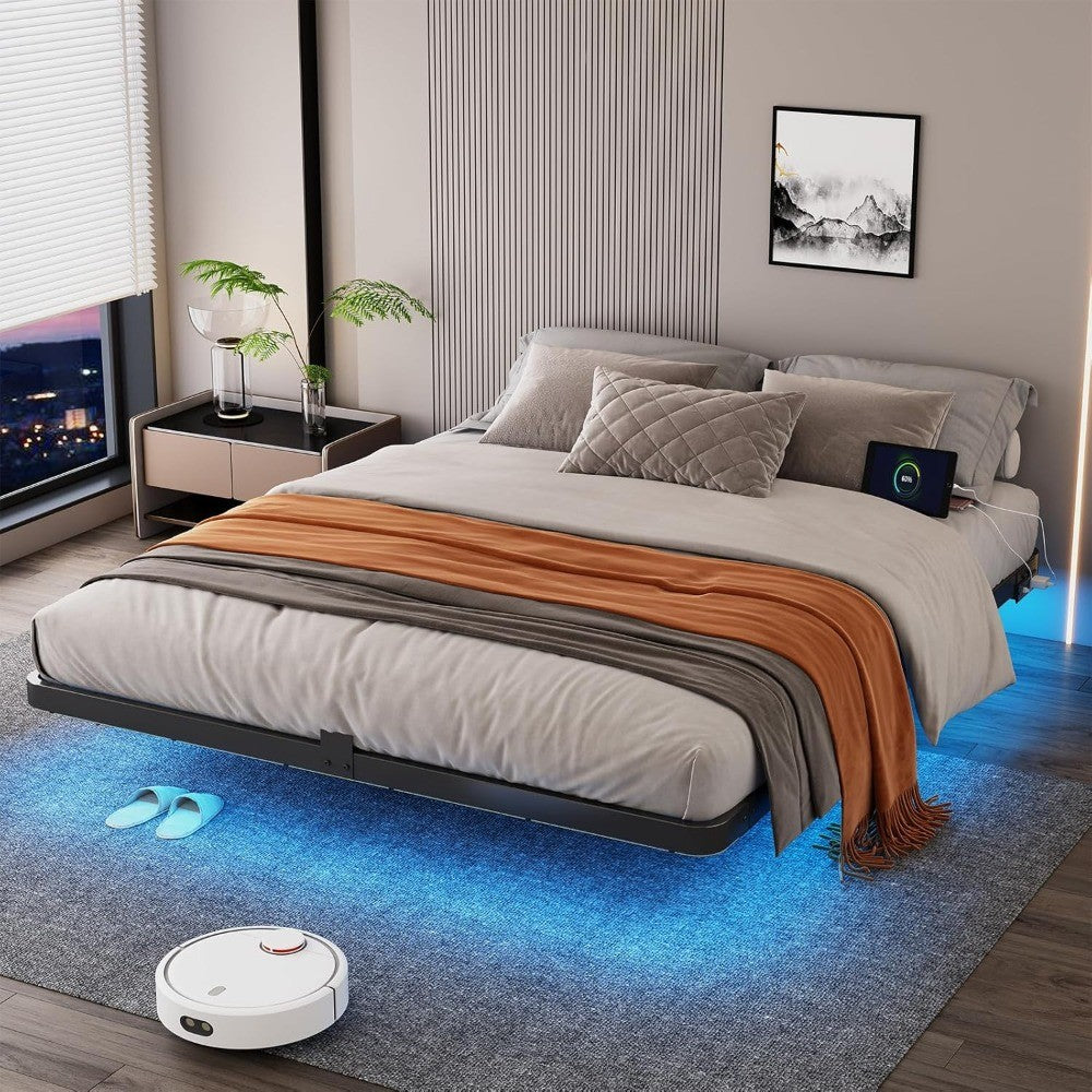 Cama Queen Size Suspensa - Estrutura de Cama de Plataforma de Metal com Luzes LED Inteligentes e Estação de Carregamento, Não Precisa de Box, Fácil Montagem