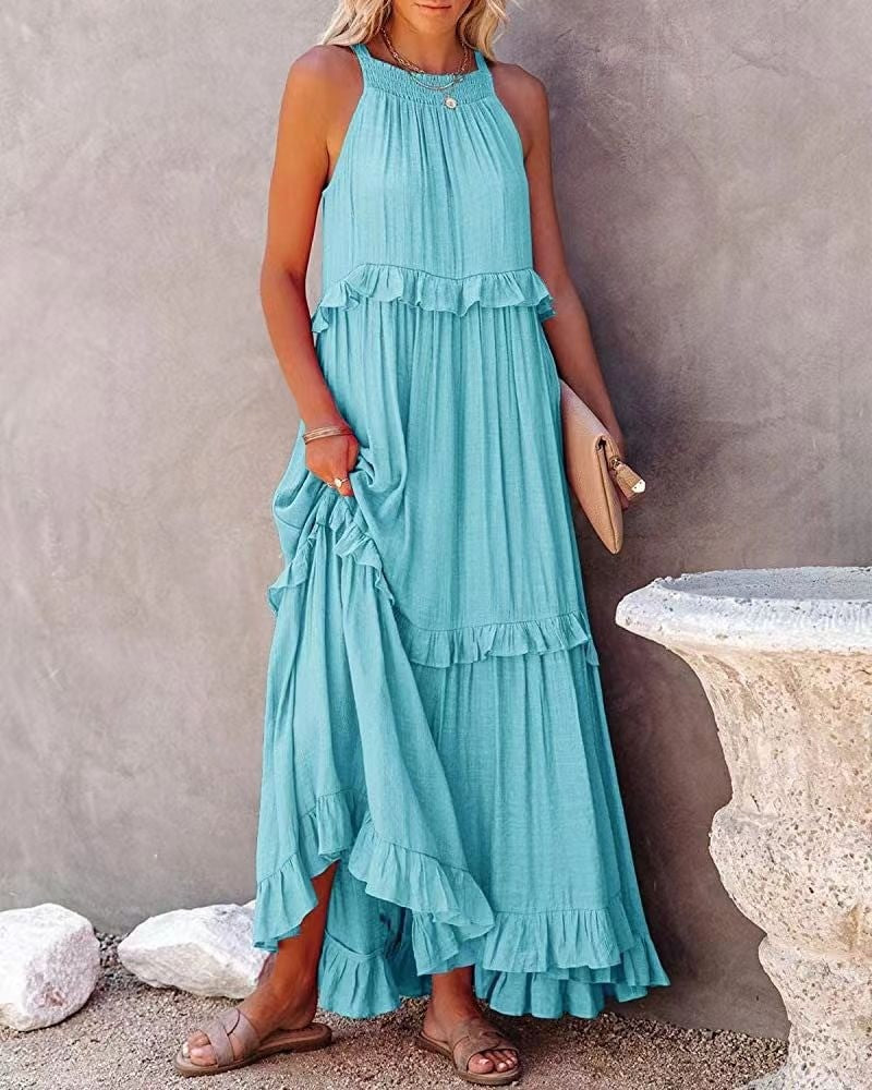 Elegant Women's Apricot Ruffle Edge Long Mop Floor Dresses Summer Fashion Hangin