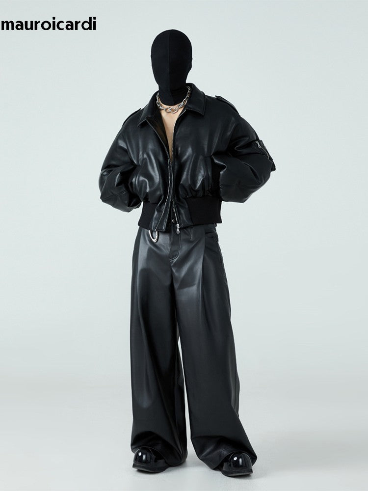 Mauroicardi Autumn Winter Short Thick Warm Black Pu Leather Jacket Men with Long Sleeve Zipper Casual Luxury Designer Clothes