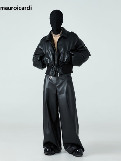 Mauroicardi Autumn Winter Short Thick Warm Black Pu Leather Jacket Men with Long Sleeve Zipper Casual Luxury Designer Clothes