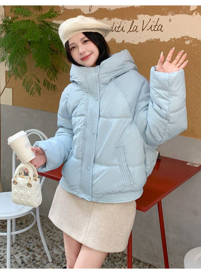 Korean Winter Women Black Beige Hood Zipper Down Jacket Ladies Blue Single Breasted Short Warm Thick Bread Coat Streetwear Trend
