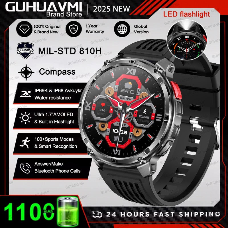 Smartwatch Masculino 2026 Novo Militar 1100mAh Bateria Tela AMOLED 1.7" Bússola GPS Lanterna Chamada Bluetooth 5ATM Natação