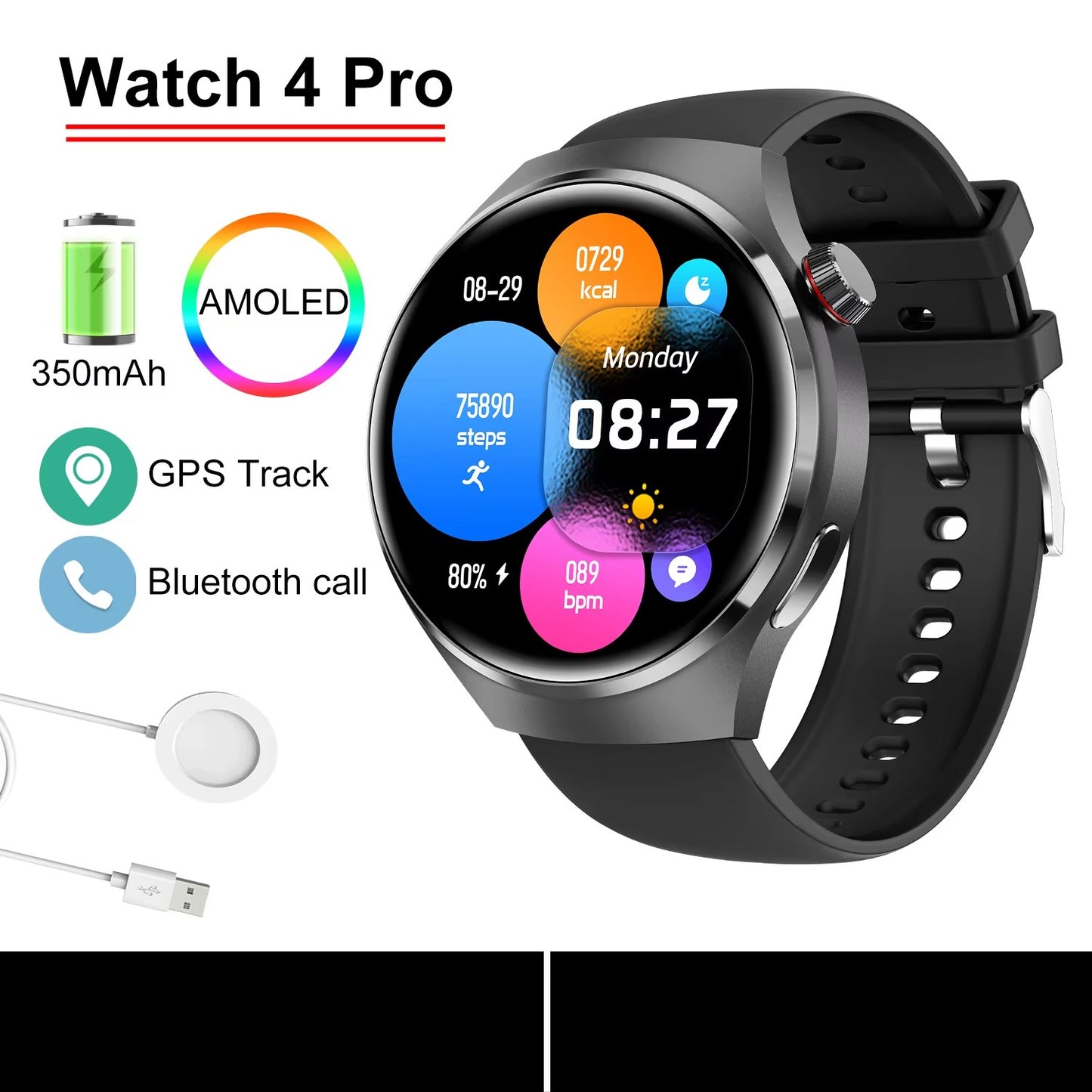 Smartwatch Masculino GT4 Pro 2026: Monitor de Saúde, à Prova D'água, Chamada BT, Tela AMOLED 360*360, Rastreamento GPS, Bússola, Novo Modelo Militar