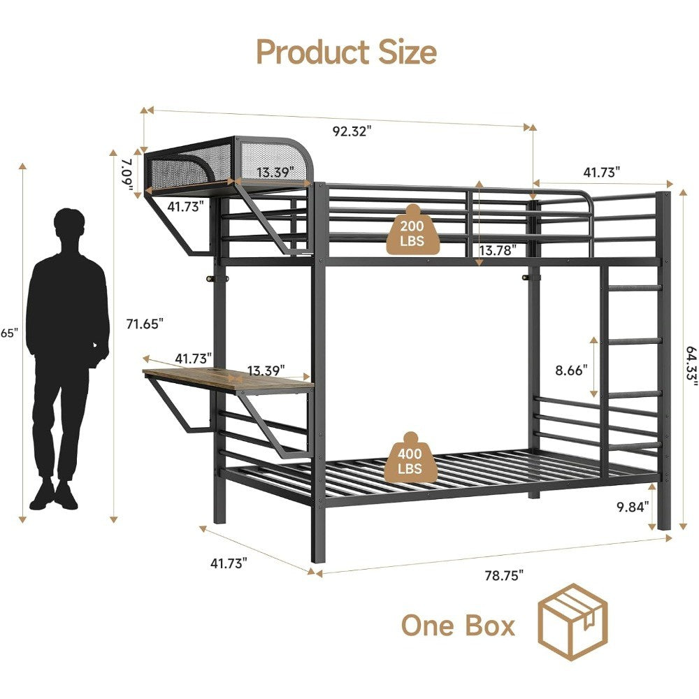Twin Over Twin Metal Bunk Beds with Power Outlets & Desk, Heavy-Duty Frame with Safety Guardrail & Ladders, U