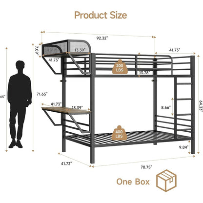 Twin Over Twin Metal Bunk Beds with Power Outlets & Desk, Heavy-Duty Frame with Safety Guardrail & Ladders, U