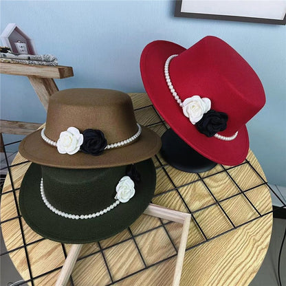 Chapéu Fedora Feminino Corrente Floral Alta Costura com Alfinetes de Pérola Boné em Relevo Preto Branco Outono Inverno Chapéu de Aba Larga para Meninas