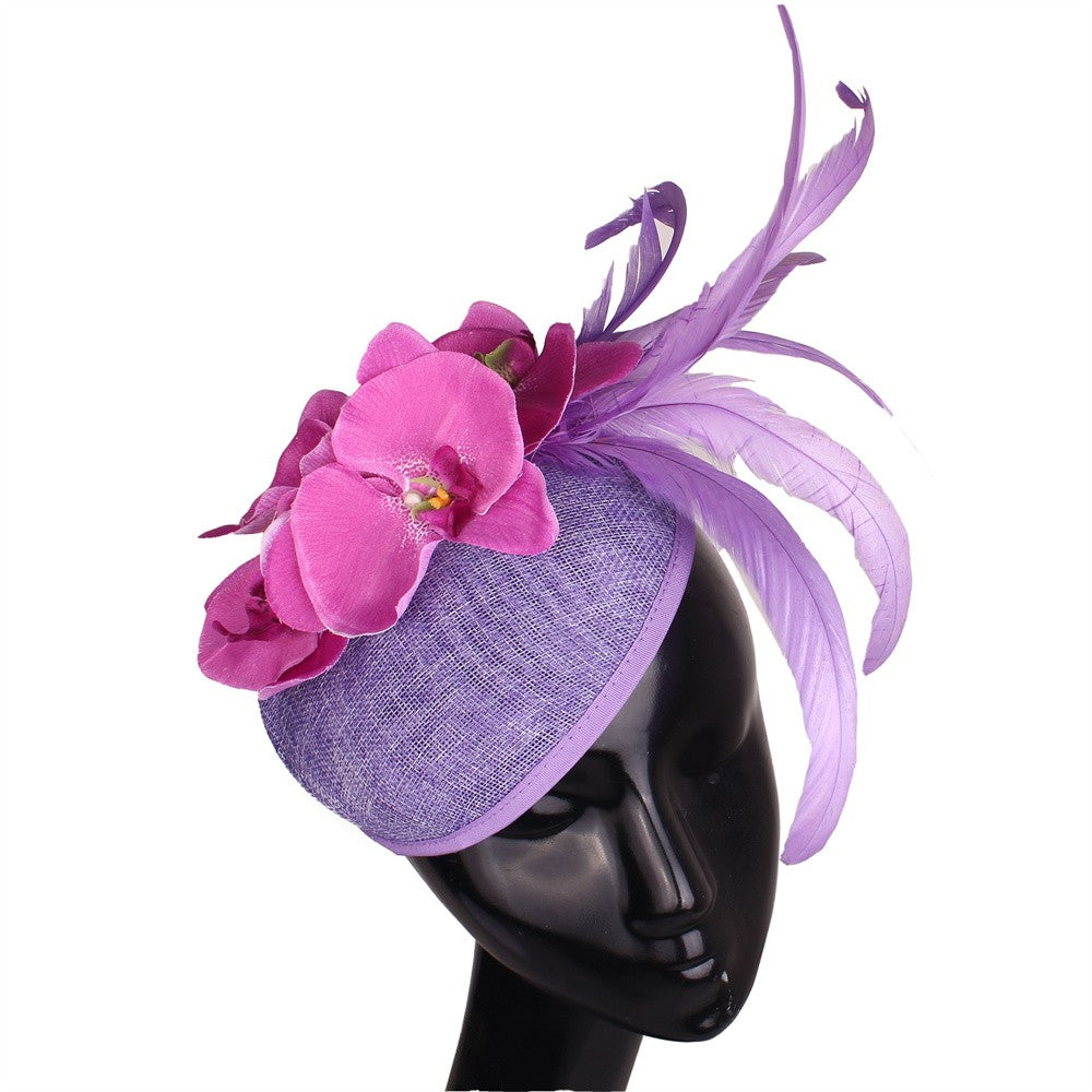 Fascinator Elegante de Lavanda com Flor Amarela Chapéu Derby para Senhora Chapéus de Igreja em Sinamay Fedora de Aba Larga Chapéu para Casamento Festa Vestido XMF320