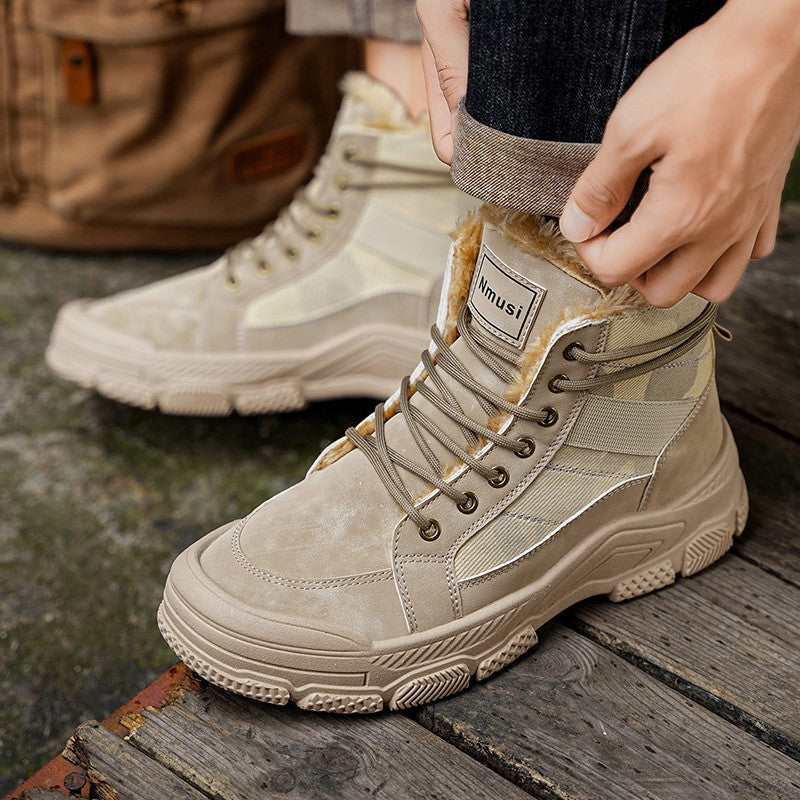 Winter Fleece Warm High-top Men's Shoes Trendy Casual Outdoor Solid Color Mid-top Fashionable Round Toe Plus-size Snow Boots