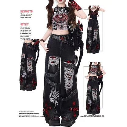 Y2K Red Gothic Hip-Hop Hole Vintage Jeans Girl High Street Trend American Baggy Wash Overall Belt Splicing Woman Wide-leg Pants