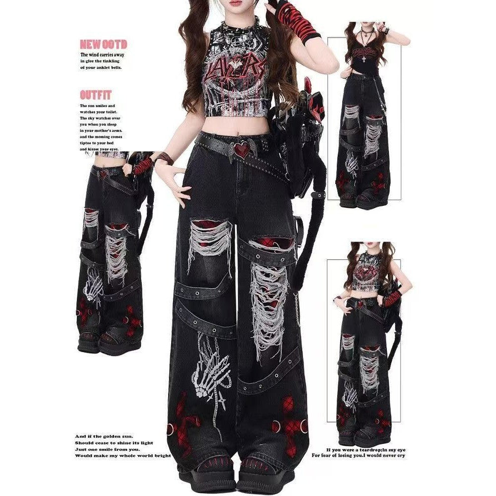 Y2K Red Gothic Hip-Hop Hole Vintage Jeans Girl High Street Trend American Baggy Wash Overall Belt Splicing Woman Wide-leg Pants