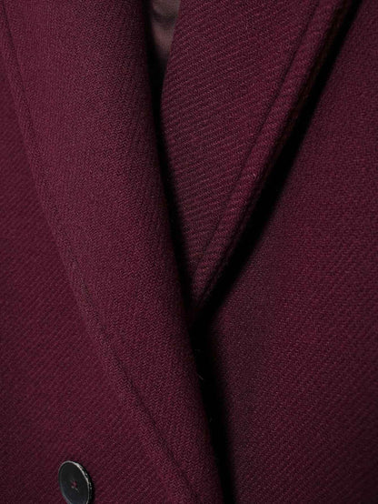 HH Women Fashion Burgundy Woolen Coat Double Breasted Long Sleeve Lapel Blends Jacket Autumn Winter High Street Outerwear