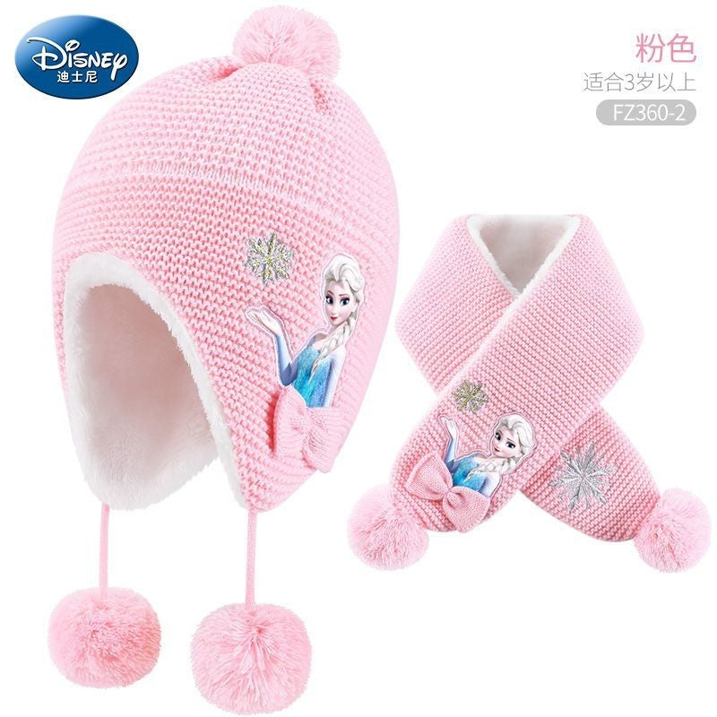 Disney Elsa Desenho Animado Bonito Chapéu e Cachecol de Estudante Criativo Kawaii Meninas Princesa Inverno Quente Conjunto de Três Peças Presente de Natal