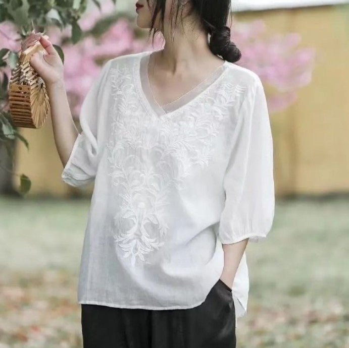 Summer New Literary Vintage Embroidery Cotton Linen Shirt Ladies Half Sleeve Loose Casual Fashion Blouse Women's Clothing Tops