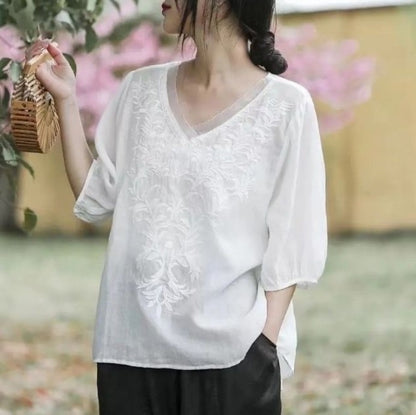 Summer New Literary Vintage Embroidery Cotton Linen Shirt Ladies Half Sleeve Loose Casual Fashion Blouse Women's Clothing Tops