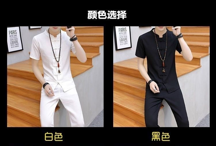Summer New Fashion Solid Color Breathable Cotton and Linen Suit Men's Leisure Loose Sports Large Size High-Grade Two-Piece Set