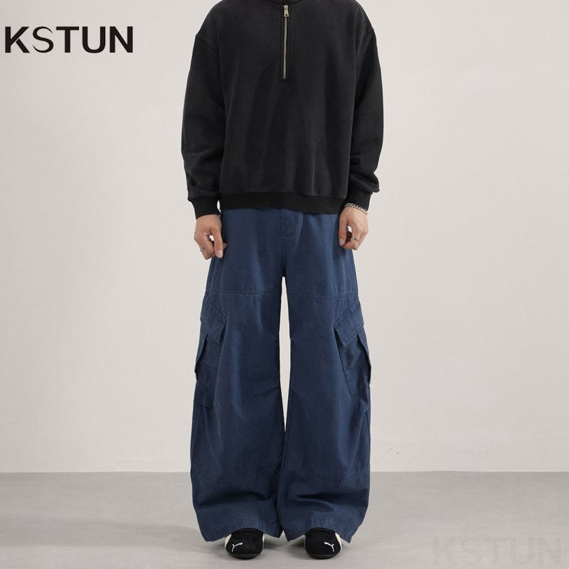 KSTUN 2025 Men Washed Vintage Cargo Pants 100% Cotton Loose Fit Oversize Multi-Pockets Trousers Blue Male Casual Scimitar Pants