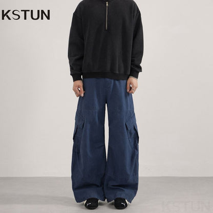 KSTUN 2025 Men Washed Vintage Cargo Pants 100% Cotton Loose Fit Oversize Multi-Pockets Trousers Blue Male Casual Scimitar Pants