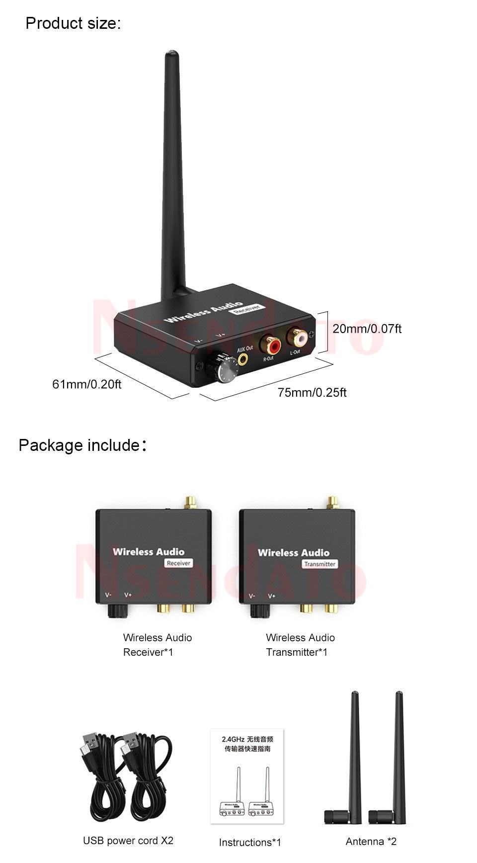 Adaptador de música Wi-fi digital sem fio 2.4G Kit transmissor e receptor de áudio sem fio 50M com AUX 3.5mm P/D para TV Box DVD PC