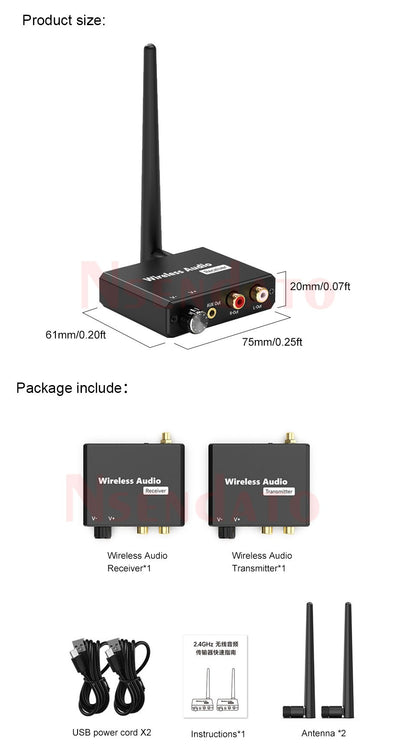 Adaptador de música Wi-fi digital sem fio 2.4G Kit transmissor e receptor de áudio sem fio 50M com AUX 3.5mm P/D para TV Box DVD PC