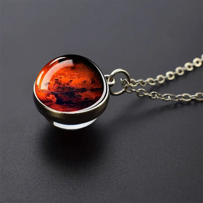 Colar com Pingente de Bola de Vidro Planeta Dupla Face Galáxia Sol Terra Lua Marte Joias