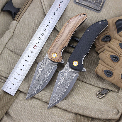Damascus Pattern Folding Knife Wood Handle Portable Outdoor Self-defense Pocket knife High Hardness EDC Camping Kitchen Knives
