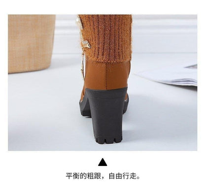 Women's Designer High Heels Shoes 2023 Winter New Warm Non-slip Block Cow Suede Warm Snow Boots Fashion Crystal Plush Goth Botas