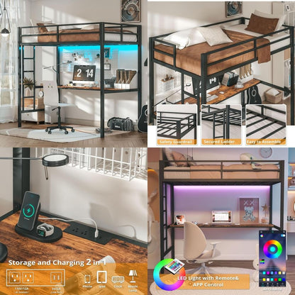 Cama Beliche Loft de Metal Tamanho Solteiro com Escrivaninha, Tomada, Luzes LED, Economia de Espaço, Sem Ruído, Preto