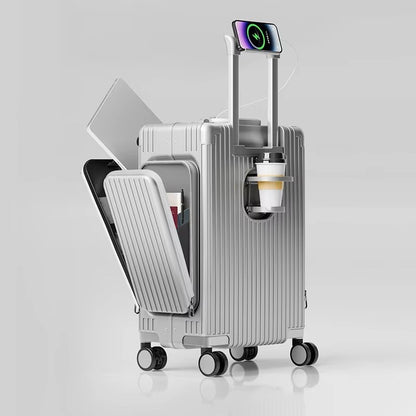 Tri-Zone Access Opening Suitcase Aluminum Frame PC Material Travel Case with Spinner Wheels Cup Holder TSA Lock Rolling Luggage