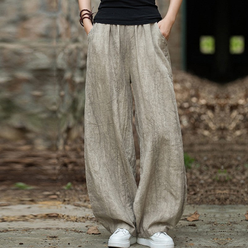 Elegant Women's Cotton Linen Baggy Cargo Pants Vintage Elastic Waist Yoga Trousers Loose Casual Long Wide Leg Oversize Clothes