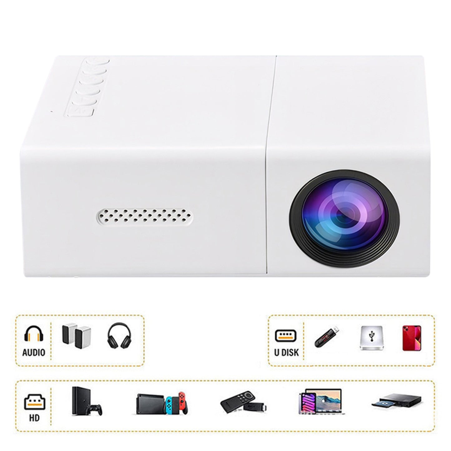 Projetor de Vídeo de Bolso Pico LED 1080P Compatível com HDMI AV Laptop Smartphone Projetor de Vídeo 4K HD para Filmes ao Ar Livre e Acampamento