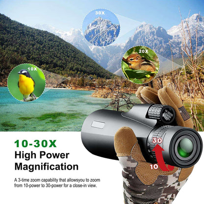 Telescópio Monocular 10-30X50 Zoom HD Potente de Longo Alcance para Acampamento com Tripé e Clipe de Telefone para Observação de Pássaros Caça Binóculos