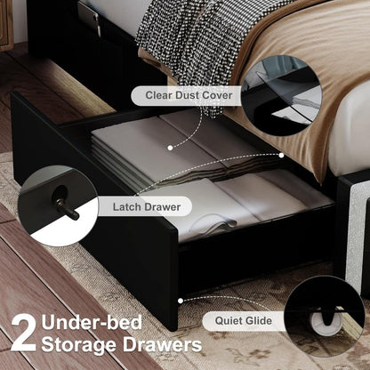 LED Bed Frame with 2 Drawers, PU Leather Platform Bed with Diamond Tufted Headboard Footboard and 2 Side Pockets, M