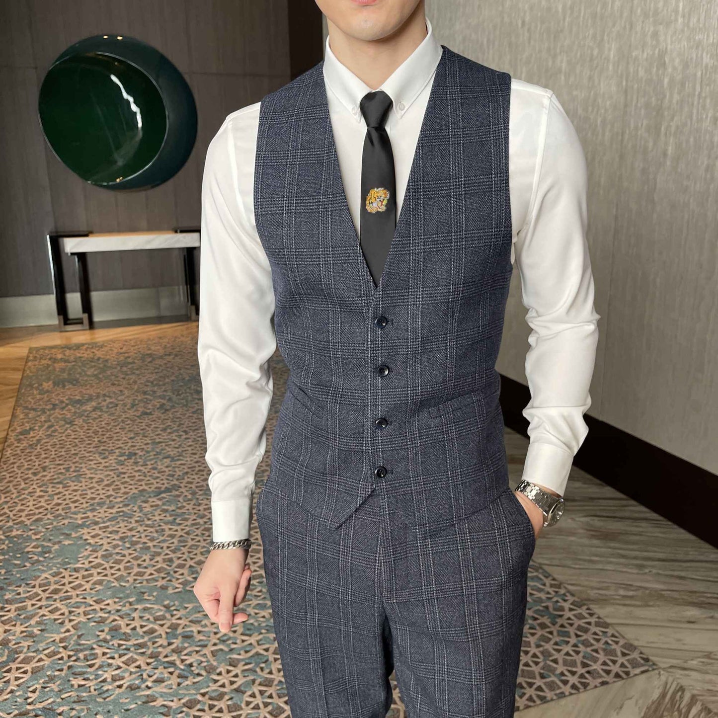 British Korean Style High Quality Modified Plaid Three-Piece Suit for Men - Stylish Business Casual Suit Vest And Trousers Set