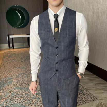 British Korean Style High Quality Modified Plaid Three-Piece Suit for Men - Stylish Business Casual Suit Vest And Trousers Set