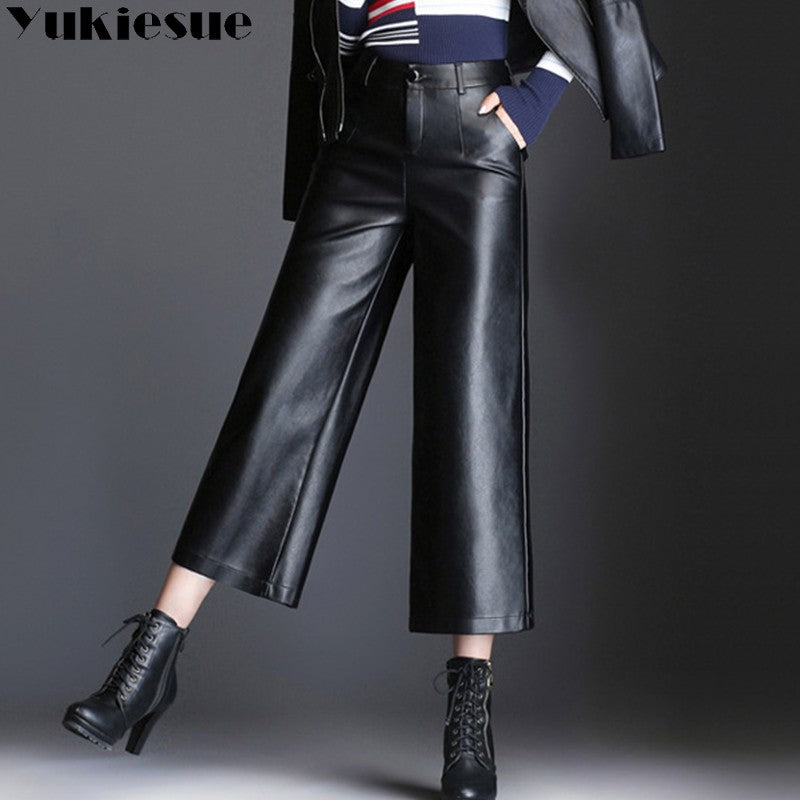 Pu wide leg pants capri women 2022 winter autumn high waist straight leather pants female trousers clothe pantalon femme