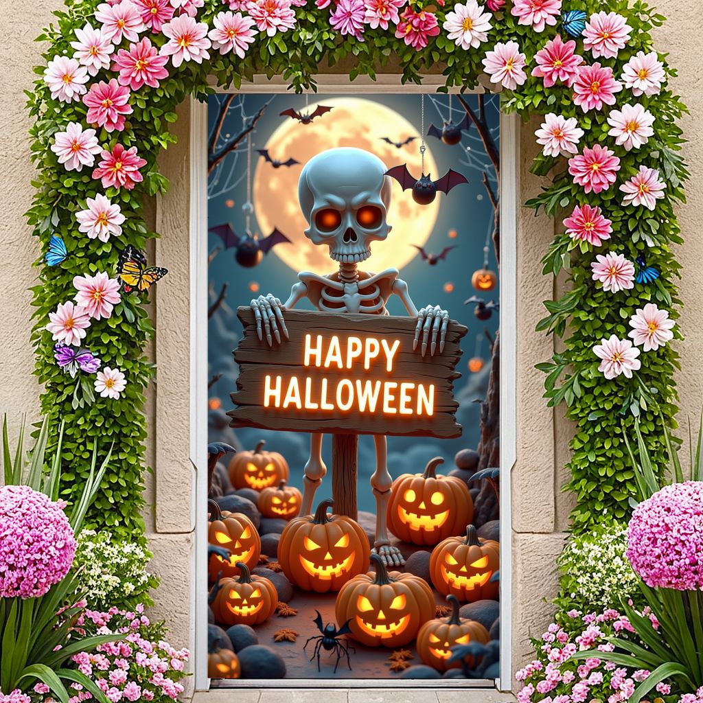 Happy Halloween Celebration Party Decoration Horror Skeleton Spooky Banner For Haunted House Door Cover Home Halloween Lining