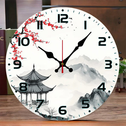 Chinese Landscape Wooden Round Silent Hanging Wall Clock, Suitable For Living Room, Office, Study Room, Bedroom, Home Decoration