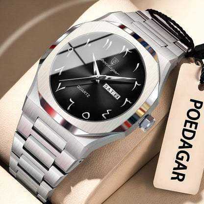 POEDAGAR Fashion High Quality Men Clock Date Week Waterproof Watch For Man Quartz Stainless Steel Luxury Men's Watches Reloj+Box
