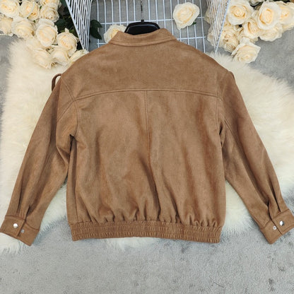 2025 Autumn Fashion Casual Solid Suede Jackets Women Street Stand Collar Full Sleeve Zippers Loose Coats Female  Jacke