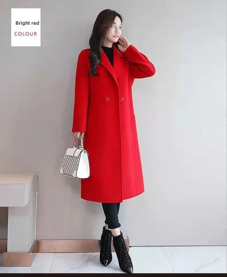 Plus Size New Women's Woolen Coat Medium-Length Loose Fit plus Size Korean Style Spring Autumn Outerwear Thickened Polyester ...