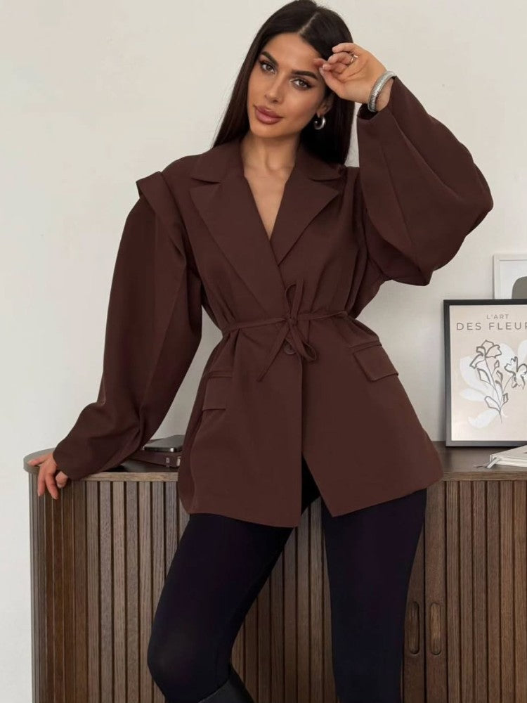 Lace Up Shoulder Pad Blazer Coat Women Elegant Turn-down Collar Long Sleeve Pockets Slim Fit Coats Chic Ladies Commute Outerwear