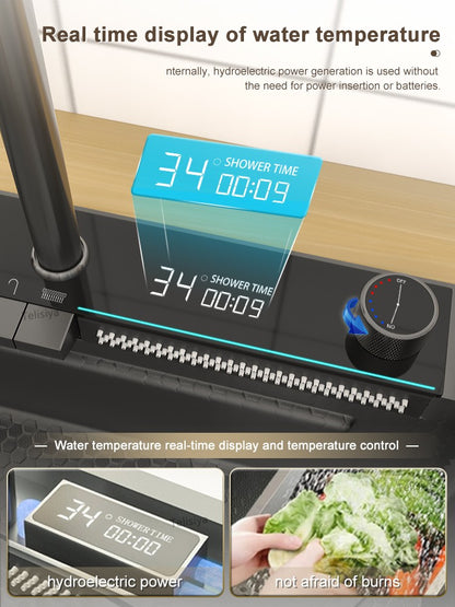 Stainless Steel kitchen Sink With Waterfall Golden Large Single Slot Multifunctional Digital Display Sinks 100*50CM
