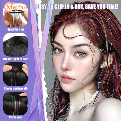 12 peças/conjunto de enfeites de cabelo com presilha, extensões de cabelo sintéticas brilhantes cintilantes, acessórios de cabelo para festa com efeito fada