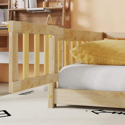 Cama de Chão Tamanho Solteiro para Crianças, Meninas, Meninos, Cama de Chão de Madeira de Borracha com Estrado e Porta/Grades/Cerca, Natural