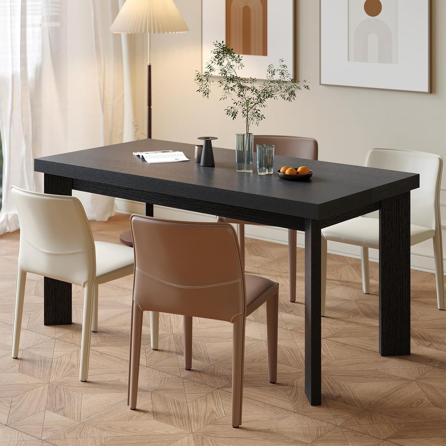 63 Inch Dining Table for 6, Indoor Outdoor Dining Table with Wood Legs, Kitchen Table with Large Tabletop, Rectangula